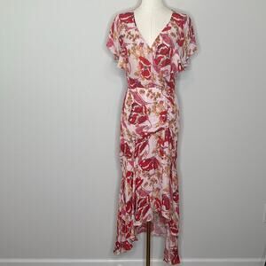 Parker Viva Pink Floral Silk Flutter Sleeve Midi Dress Womens Size 6